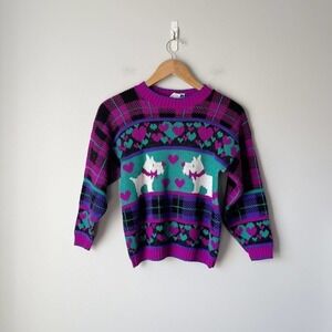Vintage Girl's Purple Teal Schnauzer Dog Acrylic Pullover Sweater Size 14/16
